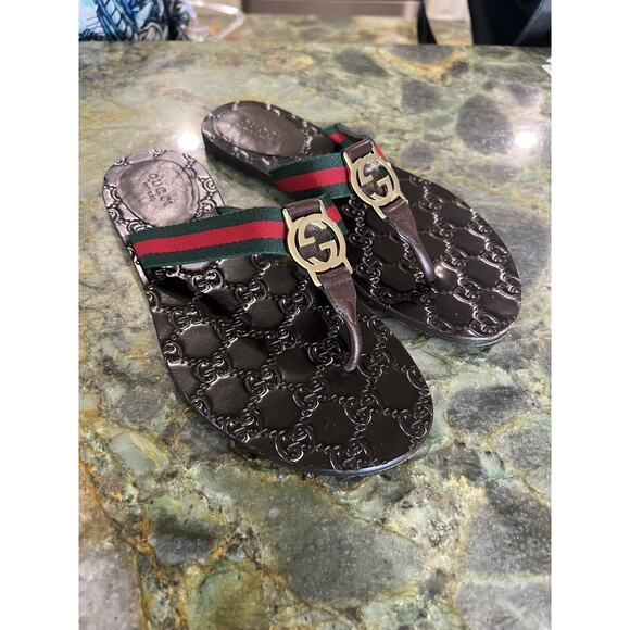 Gucci GG Web Stripe Logo thong Sandals Flip Flops guccissima size 36 - Picture 1 of 9